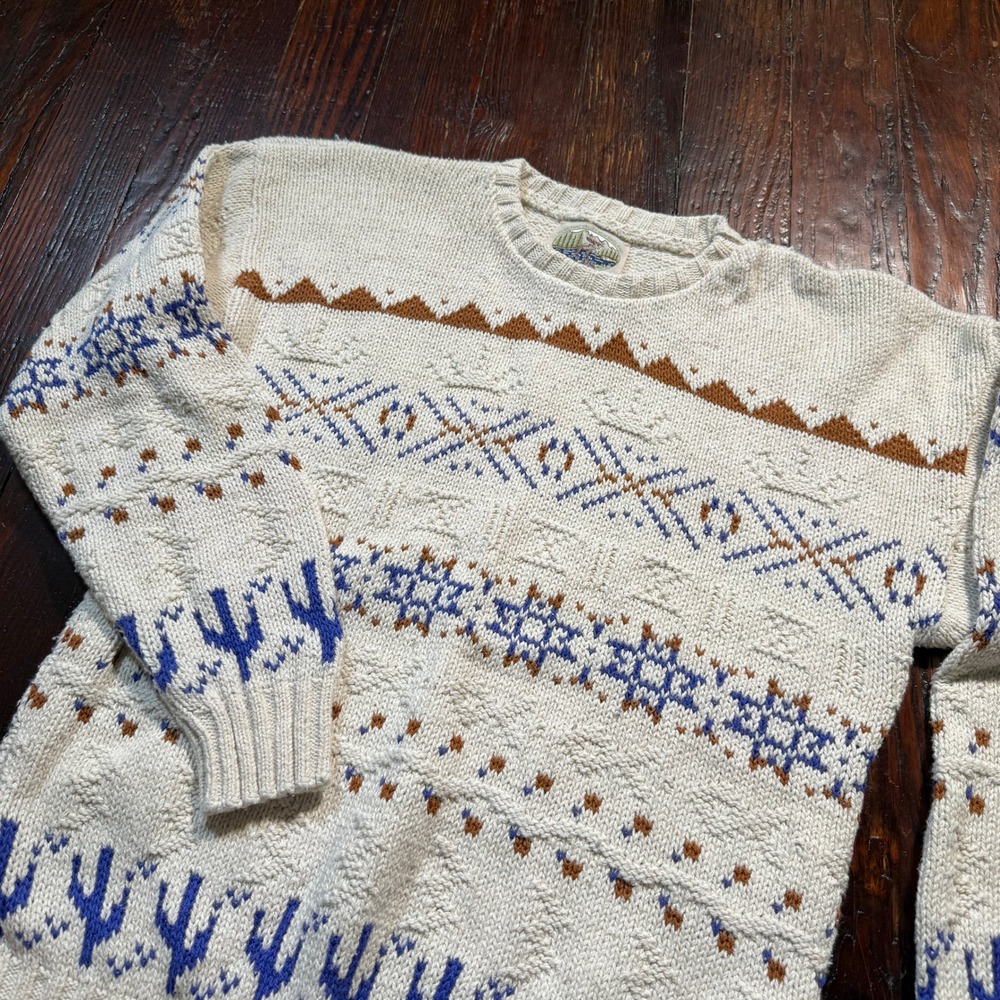 Vintage 90s Alps Sweater Womens M Cream Cactus Southwestern Knit 3D Fair Isle